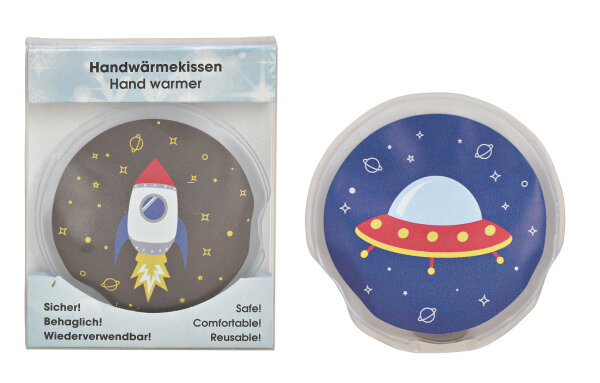 Taschenwärmer Weltall Rakete und Ufo, 2er Set - Wichtelgeschenk, Handwärmer Weltraum, Taschenheizkissen