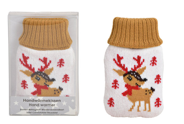 Taschenwärmer Reh mit Schal im Strickbezug 2er Set - Wichtelgeschenk, Handwärmer, Taschenheizkissen