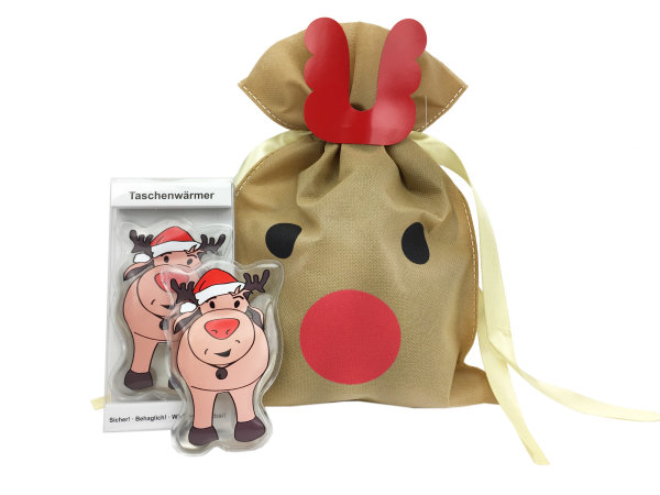 Taschenwärmer Rentier mit roter Nase (2er Set) & Weihnachtsgeschenkbeutel - tolles Wichtelgeschenk