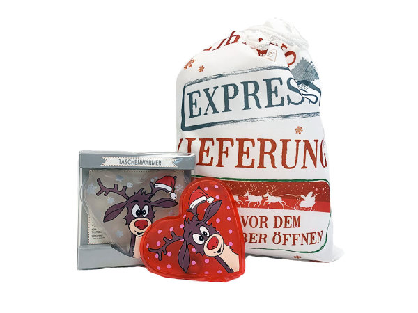 Taschenwärmer Rentier Herzform (2er Set) & Weihnachts Geschenkbeutel - tolles Wichtelgeschenk