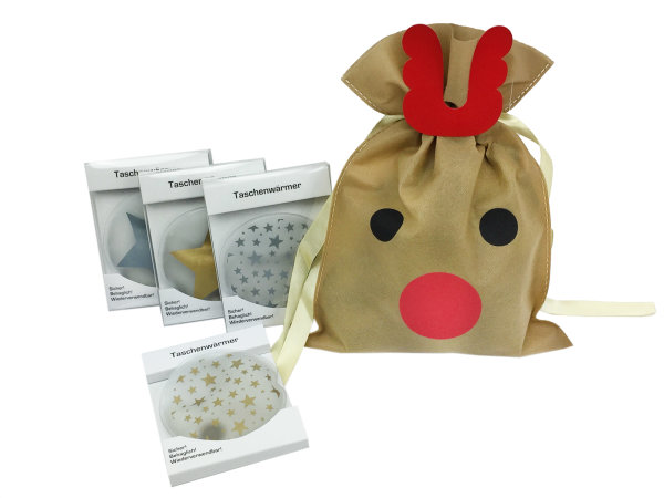 Taschenwärmer Sterne (4er Set) und Weihnachtsgeschenkbeutel - tolles Wichtelgeschenk