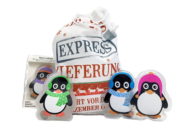 Taschenwärmer Pinguin (4er Set) & Geschenkbeutel Weihnachten - tolles Wichtelgeschenk, Weihnachtsgeschenk