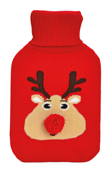 Wärmflasche Rentier rote Nase (rot/beige), 2 L mit Strickbezug - Bettflasche, Wärmekissen
