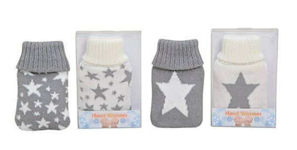 Handwärmer Sterne weiß-grau Strickbezug (4er Set) Taschenwärmer wiederverwendbar, Wichtelgeschenk