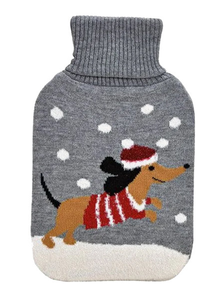 Wärmflasche Weihnachtshund, Hund im Schnee, 2 L mit Strickbezug - Bettflasche, Wärmekissen