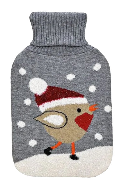 Wärmflasche Weihnachtsvogel, Vogel im Schnee, 2 L mit Strickbezug - Bettflasche, Wärmekissen