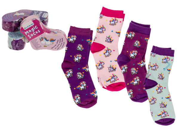 Magische Socken Comic Einhorn, 4 Paar Kindersocken Gr. 22-34 - Wichtelgeschenk, Adventskalenderfüllung, Zaubersocken