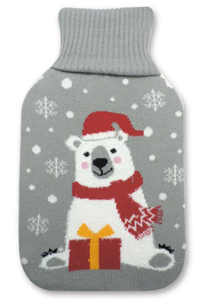 Wärmflasche Eisbär im Schnee mit Geschenk, 2 L mit Strickbezug - Bettflasche, Wärmekissen, Weihnachten, Winter