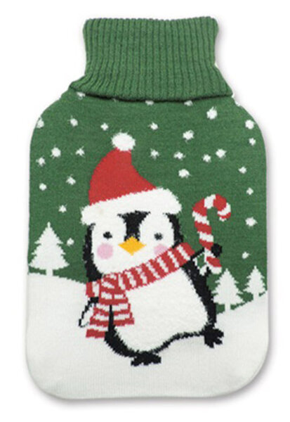 Wärmflasche Pinguin im Schnee mit Zuckerstange, 2 L mit Strickbezug - Bettflasche, Wärmekissen, Weihnachten, Winter