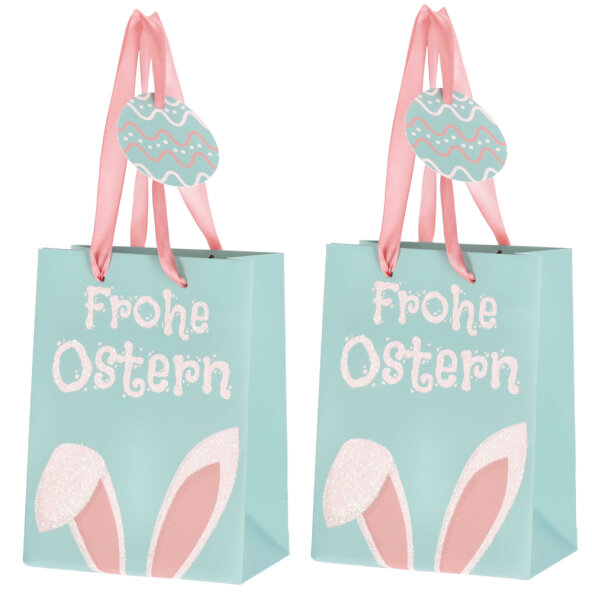 Ostertüte Frohe Ostern mit Glitzer 23x17 cm, 2er Set - Geschenktüte Ostern mit Glitzer Hasenohren, Ostergeschenktüte, Geschenktasche