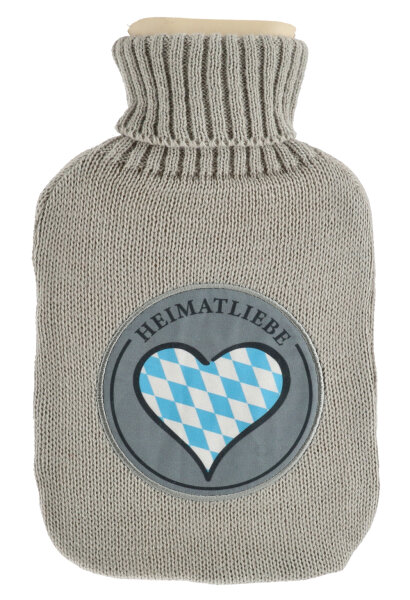 Wärmflasche Heimatliebe Bayern mit Herz, 1,5 L mit Strickbezug - Bettflasche Heimat, Wärmekissen
