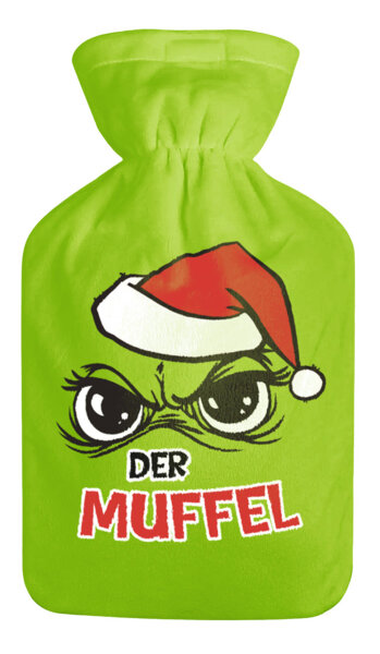 Wärmflasche "Der Muffel"  grün mit Überzug, 2L - Bettflasche Weihnachten Festtagsmuffel, Wärmekissen