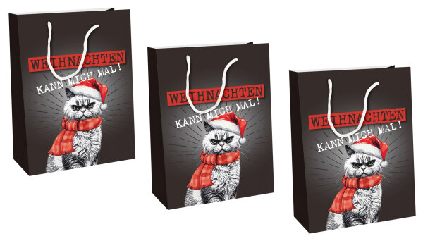 Geschenktüte XMAS Cat (3er Set) 23x17 cm - "Weihnachten kann mich mal!" - Tüte Weihnachten Katze, Geschenktasche, Papiertüte, Geschenktasche