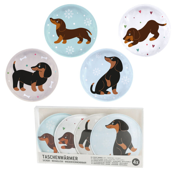 Taschenwärmer Hund Dackel (4er Set) -  Wichtelgeschenk Hundeliebhaber, Handwärmer Weihnachten, Taschenheizkissen