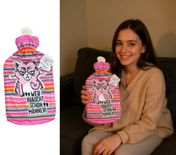 Wärmflasche Miesekatze "Wer braucht schon Männer" mit Überzug, 2L - Bettflasche Winter, Wärmekissen