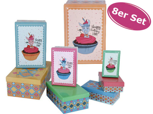 Geschenkboxen Set Happy Birthday Lama, 8tlg. - Kartonagen, Geschenkkarton, Geschenkschachtel