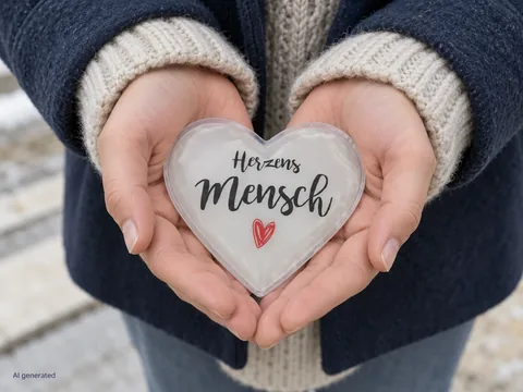 Herzensmensch-Taschenwärmer in Händen mit Strickpullover und Mantel – KI-generierte Szene