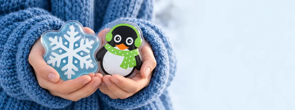 Sichtbare Hände im blauen Strickpullover halten unseren Schneeflocken- und Pinguin-Taschenwärmer