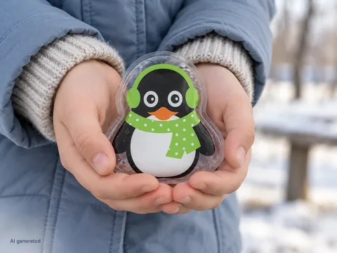 Pinguin-Taschenwärmer in Kinderhänden mit Winterjacke und Strickärmeln – KI-generierte Szene