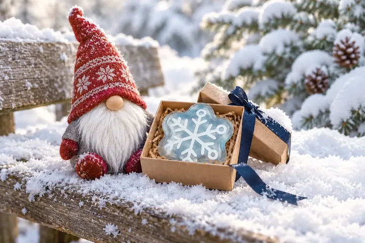 Wichtel mit roter Mütze und eine kleine Geschenkbox mit unserem Schneeflocken-Taschenwärmer im Schnee