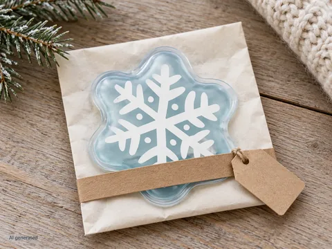 Schneeflocken-Taschenwärmer als kleines Geschenk mit Papierband und Anhänger – KI-generierte Szene
